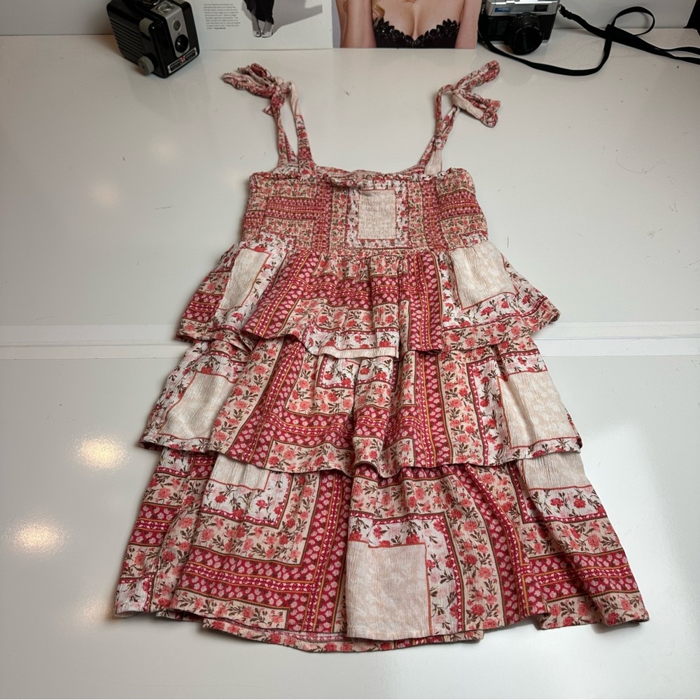 American Eagle Patchwork Tiered Sundress | Y2K Boho Cottagecore Pink Cream - Picture 5 of 11